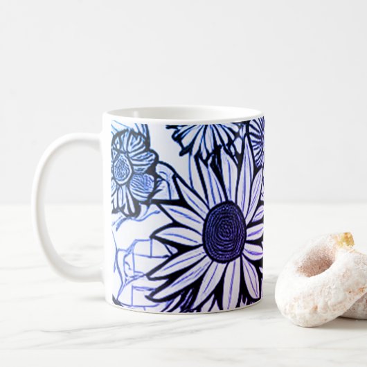 Abstrakte Linie Zeichnend Blumenkunst Lila Blau Kaffeetasse (Mit Donut)