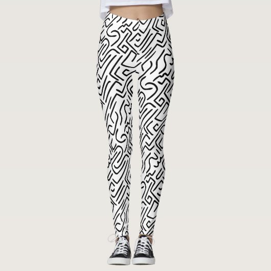 Abstrakte Linien 130318(b) - Schwarz auf Weiß Leggings (Vorderseite)