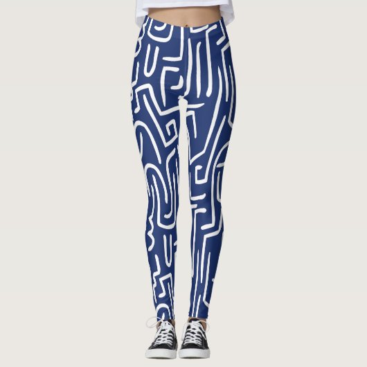 Abstrakte Linien 130318 - Weiß auf #1D336D Blau Leggings (Vorderseite)