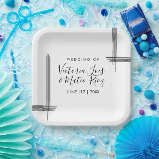 Abstrakte Linien Schwarz-weiß Moderne Hochzeit Pappteller (Party)