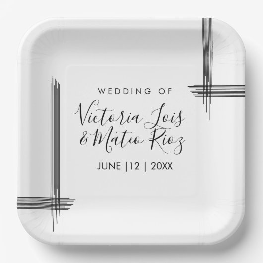 Abstrakte Linien Schwarz-weiß Moderne Hochzeit Pappteller (Vorderseite)