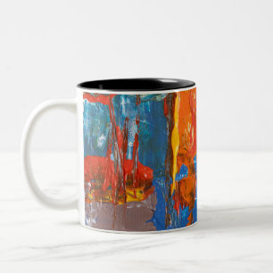 Abstrakte Malerei in Blau und Orange Zweifarbige Tasse