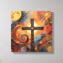 Abstrakte Malerei mit Sonnenmond und Kreuz