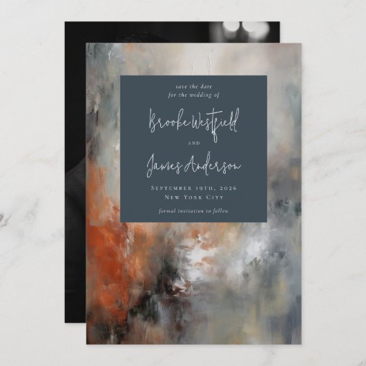 Abstrakte Malereien Moderne Grau Terracotta Hochze Save The Date (Vorne/Hinten)