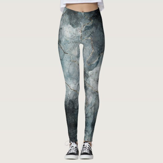 Abstrakte marbierte Paint Foggy Grau Blau Moderne Leggings (Vorderseite)