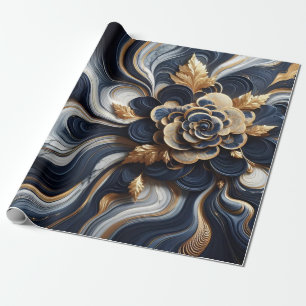 Abstrakte Marmormalerei in Navy Blue und Gold Geschenkpapier