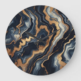 Abstrakte Marmormalerei in Navy Blue und Gold Große Wanduhr