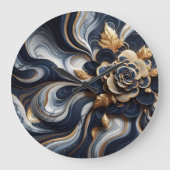 Abstrakte Marmormalerei in Navy Blue und Gold Große Wanduhr (Vorderseite)