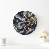 Abstrakte Marmormalerei in Navy Blue und Gold Große Wanduhr (Zuhause)