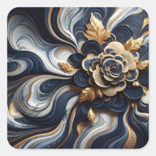 Abstrakte Marmormalerei in Navy Blue und Gold Quadratischer Aufkleber