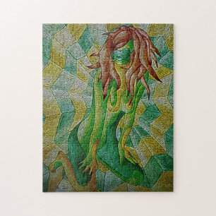 abstrakte mehrfarbige, grün posiierende Dame Retro Puzzle