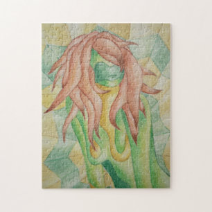 abstrakte mehrfarbige, grün posiierende Dame Retro Puzzle