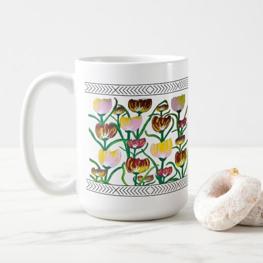 Abstrakte mehrfarbige Tulpen Kaffeetasse (Mit Donut)