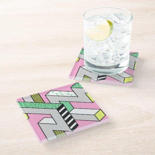 Abstrakte Memphis: 80er geometrische Formen. Glasuntersetzer (Schrägansicht)