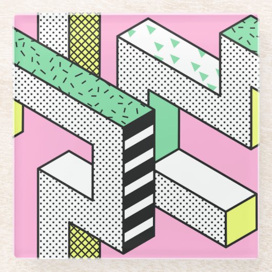 Abstrakte Memphis: 80er geometrische Formen. Glasuntersetzer (Vorderseite)
