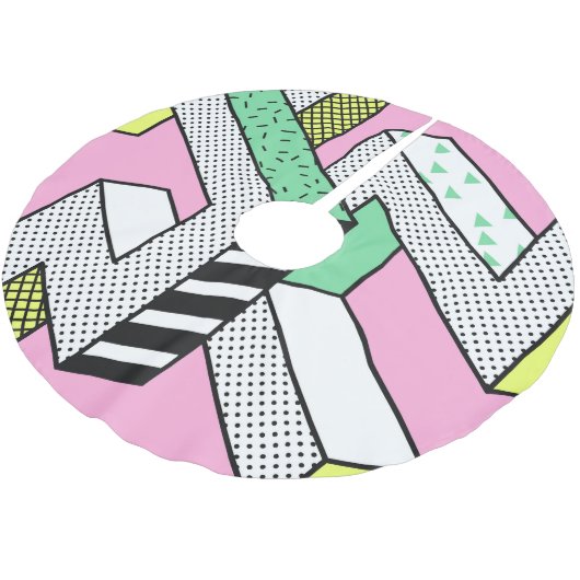 Abstrakte Memphis: 80er geometrische Formen. Polyester Weihnachtsbaumdecke (Schrägansicht)