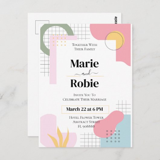 Abstrakte Memphis-Hochzeit Postkarte (Vorne/Hinten)