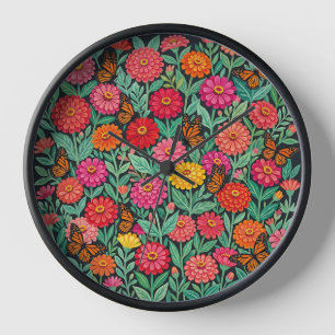 Abstrakte Mexikanische Zinnias Schmetterlinge Kuns Uhr