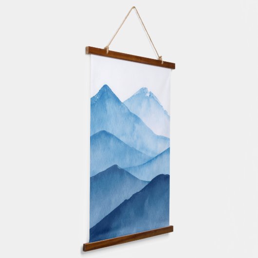 Abstrakte minimalistisch-blaue Gebirge Wandteppich Mit Holzrahmen (Gewinkelt)