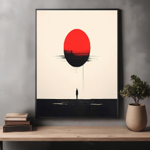 Abstrakte Minimalistische Rote Sonne und Einsamkei Poster