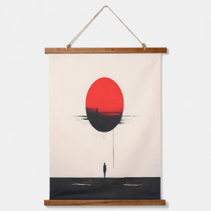 Abstrakte Minimalistische Rote Sonne und Einsamkei Wandteppich Mit Holzrahmen