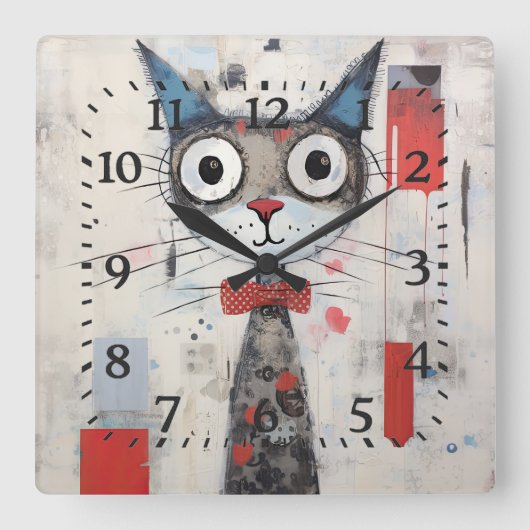 Abstrakte Mit Augen Katze Quadratische Wanduhr (Vorderseite)