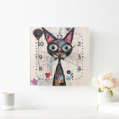 Abstrakte Mit Augen Katze Quadratische Wanduhr (Zuhause)