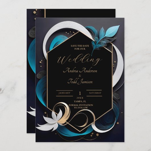 Abstrakte, moderne aquamarine, weiße Hochzeit Save The Date (Vorne/Hinten)