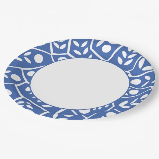 Abstrakte, moderne blaue Blätter Formen | Papierte Pappteller (Schrägansicht)