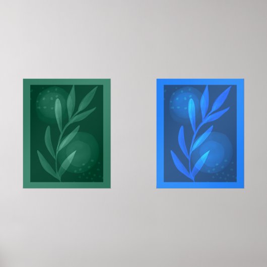 Abstrakte moderne botanische Blätter blau und grün Bilderwand Sets (Vorderseite)