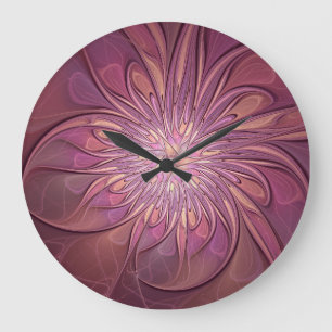 Abstrakte moderne florale fraktale Kunst Beerfarbe Große Wanduhr