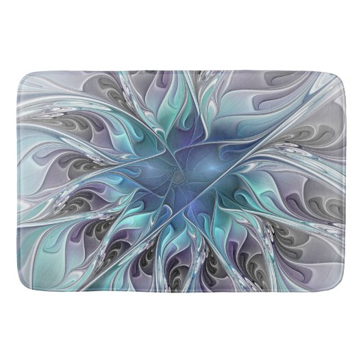 Abstrakte moderne Fraktal-Blume mit Blau geblüht Badematte (Vorderseite)
