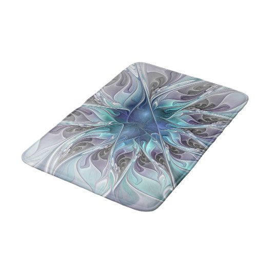 Abstrakte moderne Fraktal-Blume mit Blau geblüht Badematte (Schrägansicht)