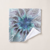 Abstrakte moderne Fraktal-Blume mit Blau geblüht Badhandtuch Set (Waschlappen)