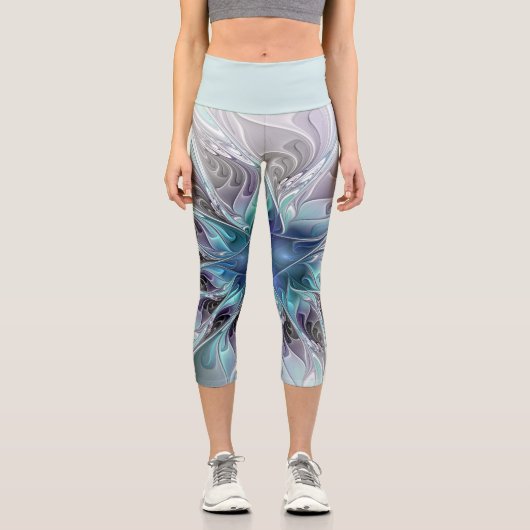 Abstrakte moderne Fraktal-Blume mit Blau geblüht Capri Leggings (Vorderseite)