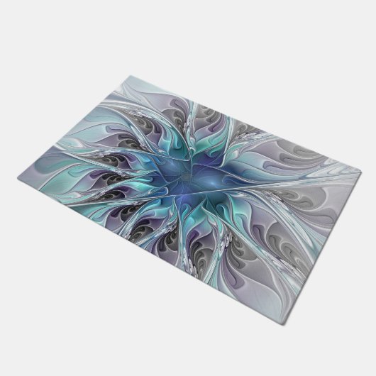 Abstrakte moderne Fraktal-Blume mit Blau geblüht Fußmatte (Schrägansicht)