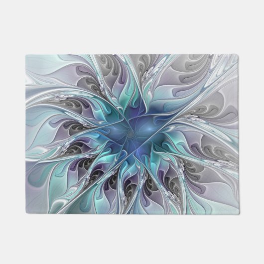 Abstrakte moderne Fraktal-Blume mit Blau geblüht Fußmatte (Vorderseite)