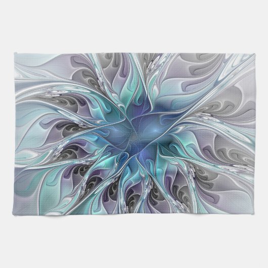 Abstrakte moderne Fraktal-Blume mit Blau geblüht Geschirrtuch (Horizontal)