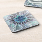 Abstrakte moderne Fraktal-Blume mit Blau geblüht Getränkeuntersetzer (Linke Seite)
