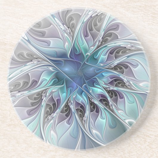 Abstrakte moderne Fraktal-Blume mit Blau geblüht Getränkeuntersetzer (Vorne)