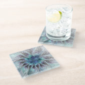 Abstrakte moderne Fraktal-Blume mit Blau geblüht Glasuntersetzer (Schrägansicht)