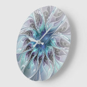 Abstrakte moderne Fraktal-Blume mit Blau geblüht Große Wanduhr (Winkel)