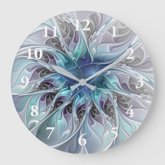 Abstrakte moderne Fraktal-Blume mit Blau geblüht Große Wanduhr (Vorderseite)