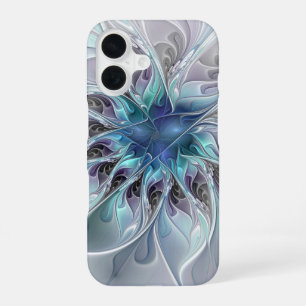 Abstrakte moderne Fraktal-Blume mit Blau geblüht iPhone 16 Hülle