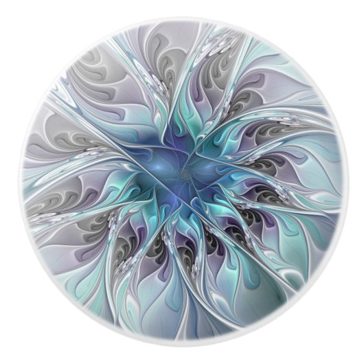 Abstrakte moderne Fraktal-Blume mit Blau geblüht Keramikknauf (Vorderseite)