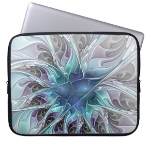 Abstrakte moderne Fraktal-Blume mit Blau geblüht Laptopschutzhülle