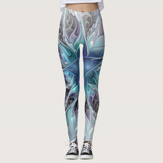 Abstrakte moderne Fraktal-Blume mit Blau geblüht Leggings (Vorderseite)