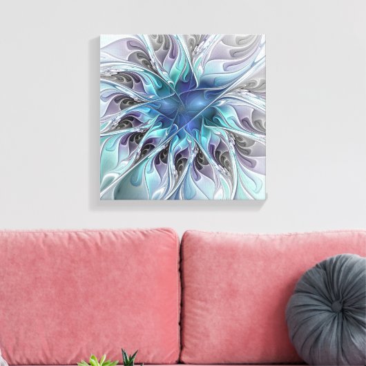 Abstrakte moderne Fraktal-Blume mit Blau geblüht Leinwanddruck (Insitu (Wohnzimmer))