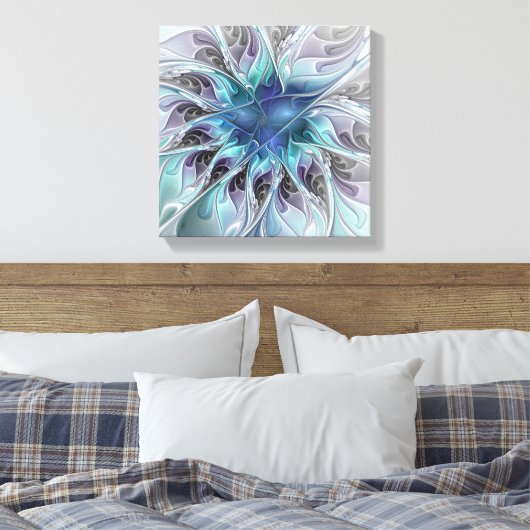 Abstrakte moderne Fraktal-Blume mit Blau geblüht Leinwanddruck (Insitu (Schlafzimmer))