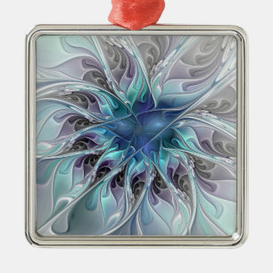 Abstrakte moderne Fraktal-Blume mit Blau geblüht Ornament Aus Metall